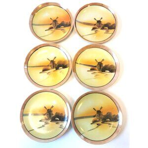Set of 6- 1950s MADE IN JAPAN Lusterware Plates | Windmill Countryside Scenic